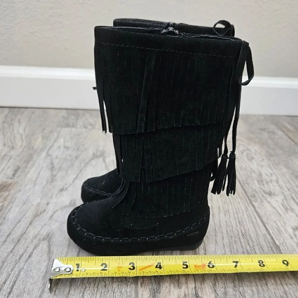 Link Candice 16KA Black Faux Suede Fringe Mid Calf Boots Size 5T